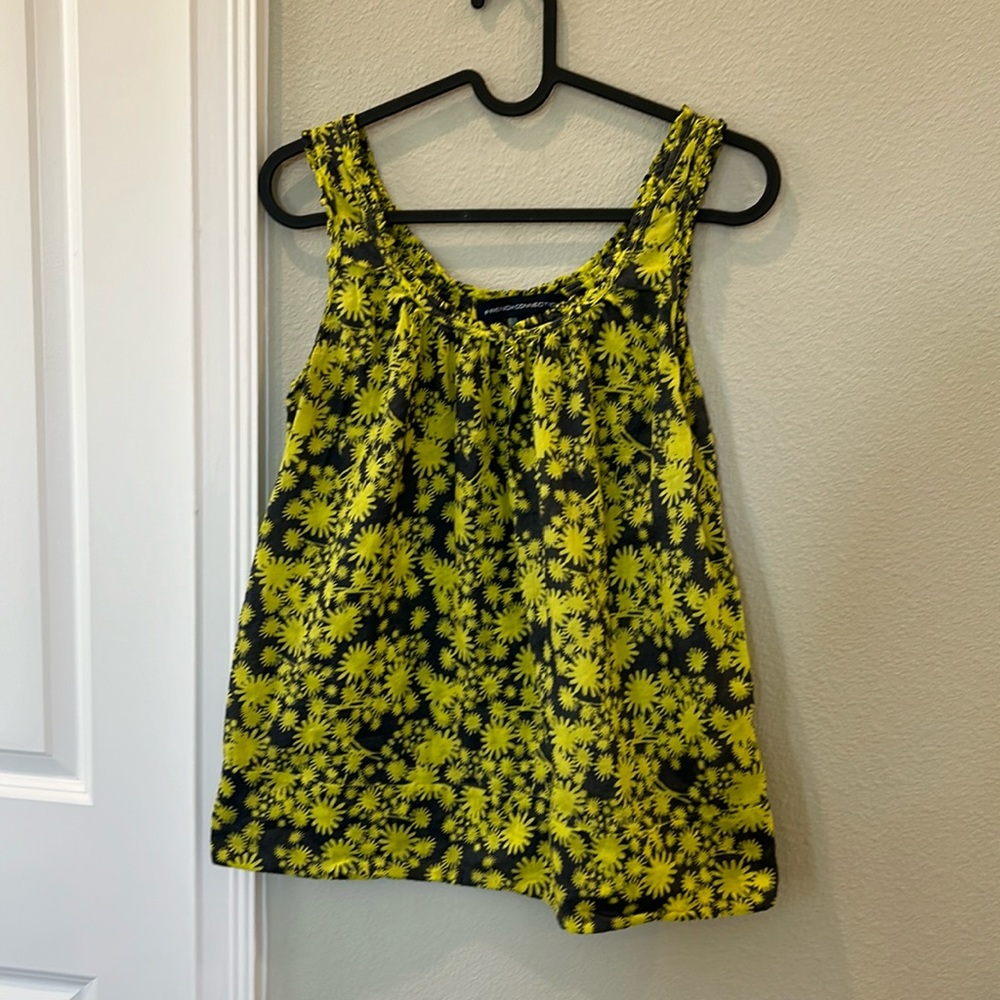 French Connection grey + yellow green flower sleeveless babydoll top
